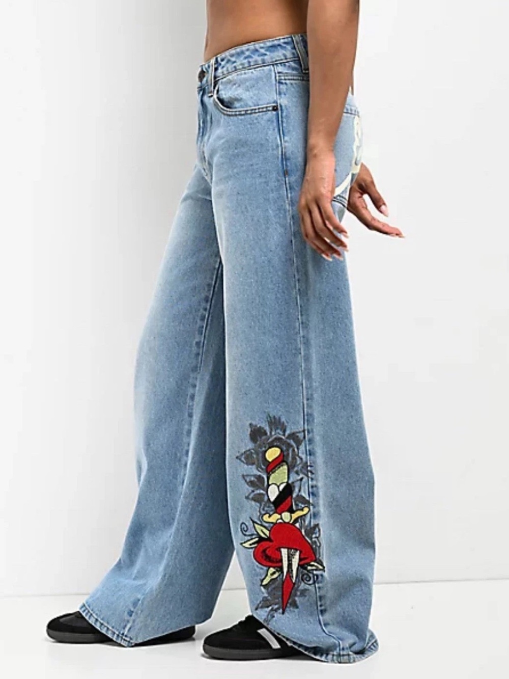 Ed Hardy Dagger Heart Retro Wide Leg Light Blue Jeans Size 30